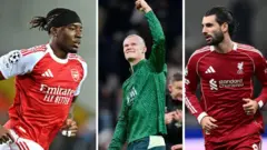 Noni Madueke wear Arsenal red jersey and white shorts wit red stripes, Erling Haaland wear Mancheter City green jersey on dark green shorts a e raise im hand to celebrate goal, Dominik Szoboszlai wear Liverpool red jersey.