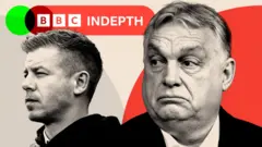 Peter Magyar on the left and Viktor Orban on the right. The logo above them reads 'BBC InDepth'
