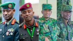 Ifoto ifatanyije mu buryo bw'ikoranabuhanga igaragaza abasirikare bakuru bo mu ngabo z'u Rwanda bafatiwe ibihano n'Amerika. Bambaye impuzankano za gisirikare zinyuranye, ziganjemo ibara ry'icyatsi kibisi. Uvuye ibumoso ujya iburyo: Gen Mubarakh Muganga, Maj Gen Ruki Karusisi, Maj Gen Vincent Nyakarundi na Brig Gen Stanislas Gashugi. 