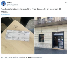 Post mostra tabela de preços de café em Barcelona conforme tempo de permanência