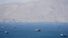 Cargo ships and small vessels scattered across deep blue sea, with hazy rocky mountains rising along distant coastline under sky