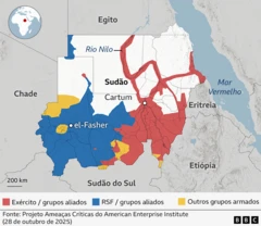 Mapa do Sudão mostrando o controle territorial em 28 de outubro de 2025. As áreas controladas pelo exército e grupos aliados estão marcadas em vermelho, as Forças de Apoio Rápido (RSF) e grupos aliados em azul, e outros grupos armados em amarelo. Cidades importantes como Cartum e El Fasher estão identificadas. O Rio Nilo também está representado. Fonte: Projeto de Ameaças Críticas do American Enterprise Institute.