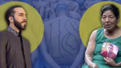 Montagem mostra Bukele de um lado e uma mulher com a foto de um jovem do outro