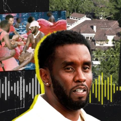 Montagem mostrando pessoas em uma piscina, uma grande casa coberta com telhas rodeada por um bosque e Sean Combs em primeiro plano, rodeado por ilustrações de ondas sonoras em branco e amarelo