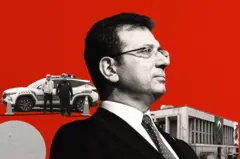 İlüstrasyon: Ekrem İmamoğlu, arkasında polis arabaları, belediye binası