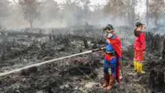 Seorang pelajar bernama Rudiansyah (kiri) memakai kostum Superman saat berupaya membantu memadamkan api diPetuk Katimpun, Palangkaraya, Kalimantan Tengah, pada 17 Agustus. 
