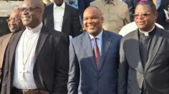 Corneille Nangaa (hagati) hamwe n'abakuru b'amadini baje kuganira na AFC/M23 i Goma, bayobowe na Musenyeri Donatien Nshole (iburyo)