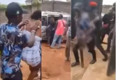 Aworan mẹta ti a ko papọ nipa bi awọn fijilante se n ti obinrin kan nto wọ asọ funfun, awọn figilante naa si gbe ibọn lọwọ