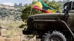 የኢትዮጵያ ሰንደቅ አላማ ያለበት ወታደራዊ ተሽከርካሪ 