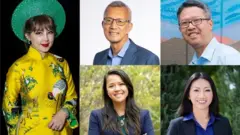 Từ trái, cử tri gốc Việt Jenny Đỗ, Thắng Đỗ, William Tuấn Nguyễn, Trâm Nguyễn và Madison Nguyễn