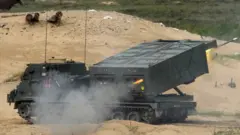 The British army"s M270 Multiple Launch Rocket System (MLRS) fires during Summer Shield 2022 military exercise in Adazi military base, Latvia