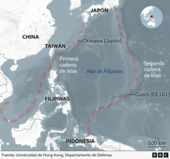 Aerial map of the Pacific under Chinese control showing Japan, Taiwan, Guam (USA) and the Philippines.