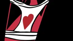 One of María's illustrations, depicting a woman removing her white knickers and finding a red heart-shaped mark in them. Mostly black ink over a red background.