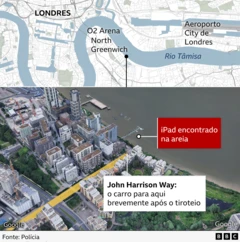 Gráfico mostrando onde o iPad foi encontrado no Rio Tâmisa, perto da John Harrison Way