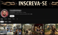 Canal mistura vídeos sobre notícias e publicações sobre escravidão com IA; imagem mostra thumbs do Youtube do canal e rosto do criador de conteúdo