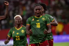 La Camerounaise Naomi Leslie Ndjoah Eto exulte après avoir marqué lors de la finale de la Coupe d'Afrique des nations féminine de la CAF 2026 opposant le Cameroun au Malawi, au stade Moulay El Hassan de Rabat, au Maroc, le 16 août 2026. Finale de la Coupe d'Afrique des nations féminine (WAFCON) : Cameroun - Malawi, Rabat, Maroc - 16 août 2026