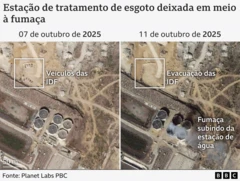 Duas imagens de satélite de dias diferentes que mostram presença de veículos daas IDF e também de fumaça saindo da estação