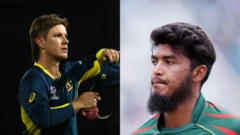 দুই দলের দুই লেগস্পিনার, বামে জ্যাম্পা, ডানে রিশাদ হোসেন 