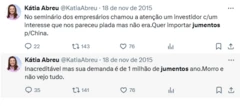 Tuítes da então ministra de agricultura Kátia Abreu, em 2015, em que ela comenta a demanda chinesa por jumentos para exportação