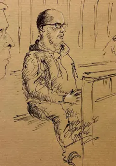 Retrato falado de Kinahan sentado, durante a audiência no tribunal