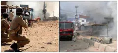 পুলিশ গুলি চালাচ্ছে (বাঁয়ে), দমকল চেষ্টা করছে আগুন নেভাতে (ডানে) - ফাইল ছবি