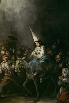 Pintura mostra uma mulher usando capirote sobre um jumento em meio a uma multidão