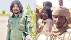 Sawir ay samaysay BBC ayaa muujinaya astaanta RSF oo ku taalla gacanta mid ka mid ah dagaalyahannada lagu duubay muuqaal ay ka muuqdaan koox maydad ah oo dhulka yaal.