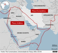 Mapa do Oriente Médio que mostra as placas Arábica e Eurasiática