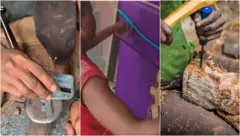 Aka na-akpụ ụzụ, nwaanyị na-akpa akwa, na nwoke na-apị osisi.