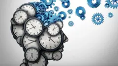 Ilustración de una cabeza con relojes y engranajes sobresaliendo