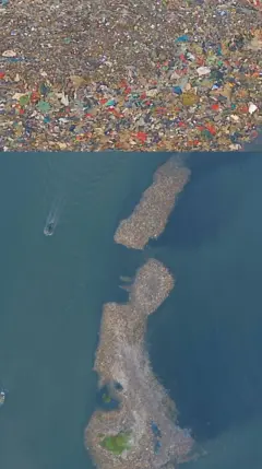 เกาะขยะยักษ์ลอยน้ำในอินโดนีเซีย