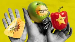 hrana, fotografija na kojoj su ruke koje drže kačkavalj, jabuku i papriku