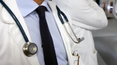 A general view of a doctor in white surgical coat and shirt, with a stethoscope around his neck. The image focuses below chin level