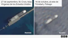 Dos imágenes satelitales una al lado de la otra. La de la izquierda muestra un barco atracado en las Islas Vírgenes de los Estados Unidos, la de la derecha parece mostrar el mismo contorno del barco frente a Trinidad y Tobago.