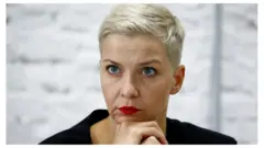Maria Kolesnikova at a news conference in Belarus