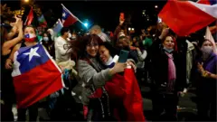 Supporters of the "I Approve" option react after hearing the results of the referendum on a new Chilean constitution in Valparaiso, Chile, October 25, 2020