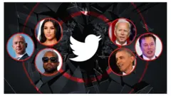 A photo illustration shows a range of celebrities - Kim Kardashian, Joe Biden, Elon Musk, Barack Obama, Kanye WEst, and Jeff Bezos - arrayed around a shattered glass image with the Twitter logo at its cetnre