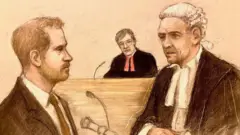 Принц Гарри в зале суда. Он отвечал на вопросы Эндрю Грина (на рисунке справа)
