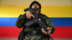 Un soldado sostiene un arma. Esta de pie delante de una bandera de Colombia roja, amarilla y azul.