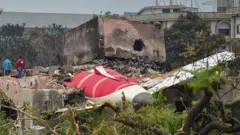 Dois investigadores no local da queda do Boeing 787 da Air India. Eles estão de costas para a câmera, ao lado dos destroços do avião em meio à vegetação