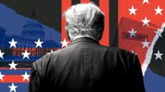 Ilustração nas cores da bandeira dos EUA com Trump de costas com o capitólio ao fundo e uma pasta com carimbo de documentos secretos