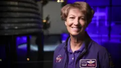 Eileen Collins kék kabátot visel, amelynek egyik oldalán kerek NASA-jelvény, a másikon pedig egy téglalap alakú űrsikló-jelvény látható a nevével. Rövid barna haja és barna szeme van, és mosolyogva néz egyenesen a kamerába. A fényképét a londoni Science Museum űrkiállításánt készült, Collins mögött egy rakétahajtómű látható elmosódottan.