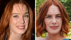 Два снимка Летиции Дош: на левом волосы лежат на лице, и кажется, что ее застали врасплох; на правом она выглядит более собранной, волосы убраны, и она находится на улице при лучшем освещении