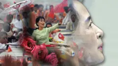 ပုသိမ်ထီးဆောင်း၊ လူထုကို နှုတ်ဆက်နေတဲ့ ဒေါ်အောင်ဆန်းစုကြည် ဓာတ်ပုံကို အဝေးကို ငေးကြည့်နေတဲ့ ဒေါ်အောင်ဆန်းစုကြည်ရဲ့ ဓာတ်ပုံတို့ ပေါင်းစပ် ဓာတ်ပုံ 