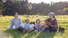 O familie așezată în linie pe o pătură de picnic, într-un parc, cântă împreună într-o după-amiază însorită de vară. Cei doi adulți și cei doi copii au gura larg deschisă și se bucură de experiență. Femeia (dreapta) poartă o bluză maro cu mânecă scurtă, are ochelari și o pălărie pe cap și cântă cu entuziasm la chitară. Bărbatul (stânga) poartă un tricou galben deschis, o cămașă albastră cu dungi și o șapcă bleumarin. Între ei, stau două fetițe în haine de vară. Una dintre ele are pe cap o șapcă galbenă.