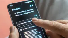 Pessoa mexendo em um assistente de IA em um telefone celular em modo escuro