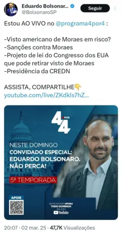 Postagem de Eduardo Bolsonaro no X falando sobre sanções contra Moraes e projeto de lei do Congresso dos EUA que pode tirar visto de Moraes, citada na decisão de Alexandre de Moraes