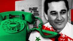 A designed image showing a landline telephone, Hussam Luka and the phone book, in red, white and green - the colours of the Syrian flag 