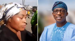 Lagos commissioner of environment for right wearing blue outfit and one woman for left wearing black while green clothed officer dey di background