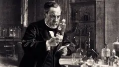 Louis Pasteur, em seu laboratório, examinando um frasco de vidro